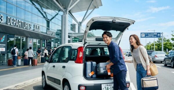 空港のレンタカー貸出場所でスマートフォンを確認しながらスタッフと手続きする日本人旅行者