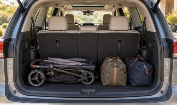 7人乗り車の3列目シートを使用した状態の荷室。折り畳んだベビーカーと2つの旅行バッグを積んだ様子。