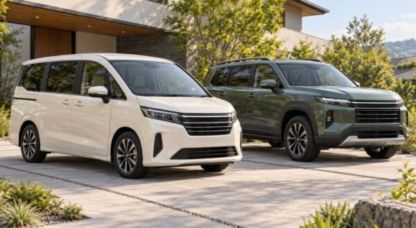 白い7人乗りミニバンと緑色のSUVを並べた比較イメージ。車体の高さや形状の違いが分かる。
