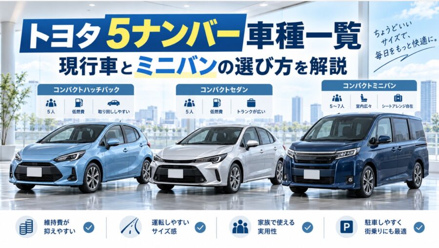 トヨタの5ナンバー車種を紹介する比較イメージ。コンパクトカー、セダン、ミニバンの3タイプを並べ、乗車人数や燃費、室内空間などの特徴を解説。