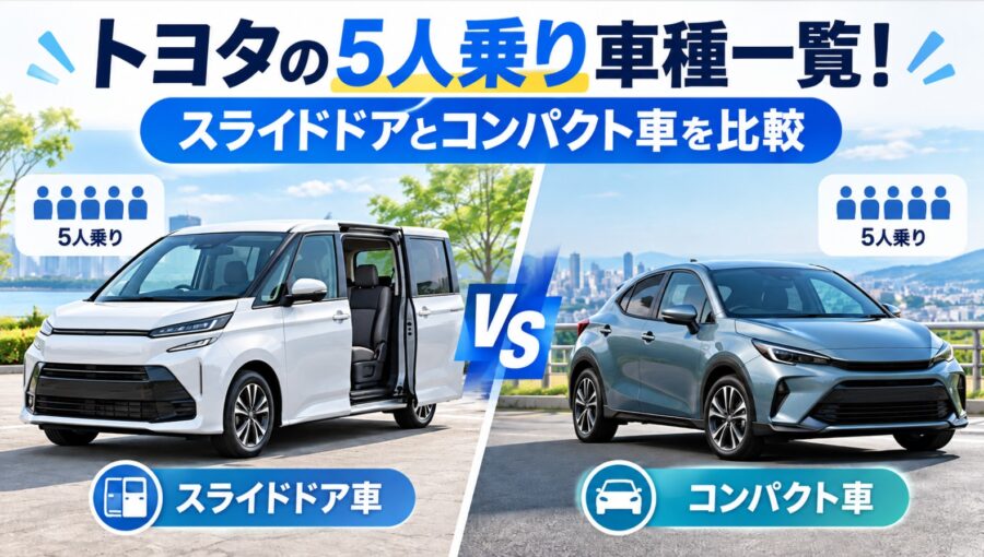 トヨタの5人乗り車種を比較するイメージ画像。左に白いスライドドア車、右に青グレーのコンパクト車を配置し、それぞれの特徴を紹介。