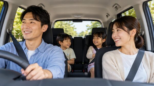 日本人の父親が運転し、母親と子ども2人が乗車するコンパクトミニバンの車内。家族向け5ナンバー車の室内空間と使い勝手をイメージ。