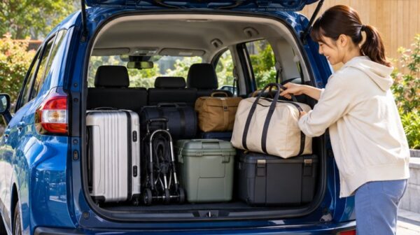 青いコンパクトミニバンの荷室に、日本人女性が旅行バッグを積み込む様子。スーツケースやベビーカーなどを収納した5ナンバー車の荷室イメージ。