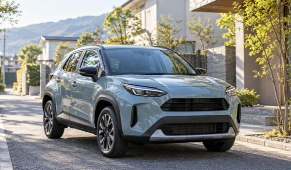 日本の住宅街に停車するブルーグレーのコンパクトSUV。総額300万円以内の新車選びをイメージした画像。