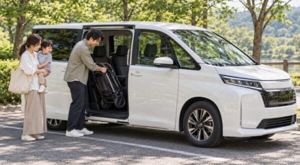 白いミニバンのスライドドアからベビーカーを積み込む日本人家族。子育て世帯の新車選びをイメージした画像。
