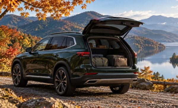 紅葉した山々と湖を背景に、荷室を開けて旅行バッグを積んだ深緑色の大型SUV。レジャー向け新車のイメージ画像。