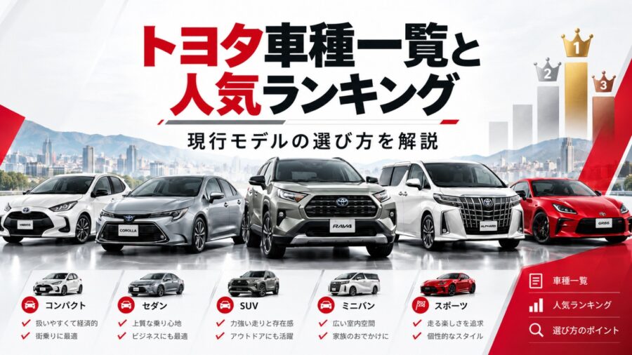 トヨタの現行車種一覧と人気ランキングを紹介する画像。ヤリス、カローラ、RAV4、アルファード、GR86を並べ、ボディタイプ別の特徴と車の選び方を解説。