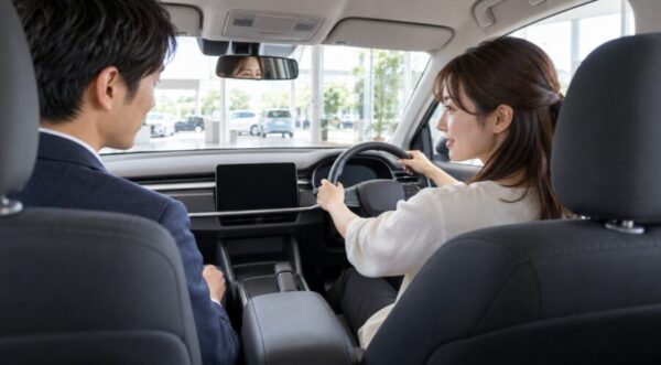 自動車販売店で運転席に座り、男性スタッフと車内を確認する日本人女性。燃費のいい車を購入する前の試乗確認イメージ