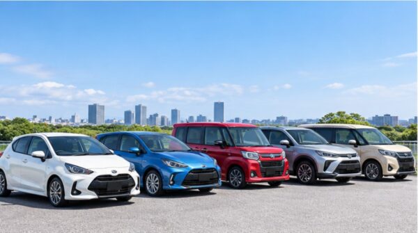 トヨタのコンパクトカーをイメージした白・青・赤・シルバーなどの小型車が並ぶ画像。車種ごとのボディタイプやサイズの違いを比較。