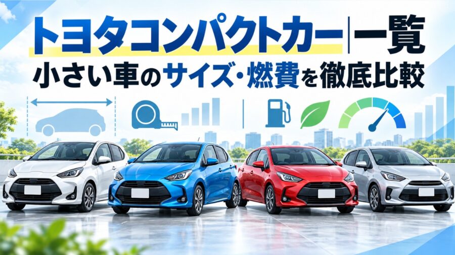 トヨタのコンパクトカーをイメージした白・青・赤・シルバーの小型車4台と、車体サイズや燃費の比較を示すアイコンを配置した画像。