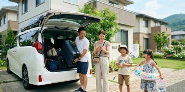 家族4人がミニバンの荷室に旅行かばんを積む様子。トヨタのシエンタやノアなど、家族向け車種の選び方をイメージ。