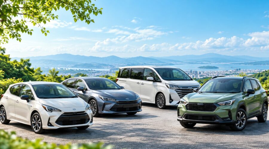 青空と緑豊かな風景を背景に、コンパクトカー・セダン・ミニバン・SUVの4タイプの車を並べた燃費比較のイメージ画像