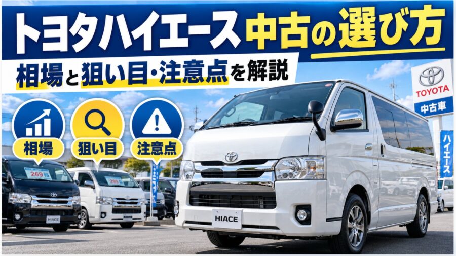 中古車販売店に並ぶ白いトヨタハイエースと、中古車の選び方・価格相場・狙い目・購入時の注意点を解説する見出し画像。