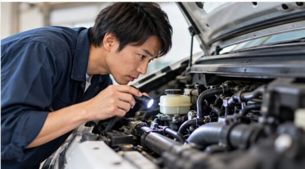 日本人の整備士がライトを使ってハイエースのエンジンルームを点検する様子。中古車購入前のエンジン状態や整備状況の確認風景。