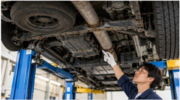 整備工場でリフトアップしたハイエースの下回りを日本人整備士が点検する様子。車体下部のさびや腐食、排気管の状態を確認するイメージ。