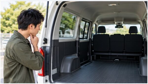 白いハイエースのバックドアを開き、日本人男性が広い荷室と後部座席を確認する様子。中古車選びで重要な積載スペースの確認風景。