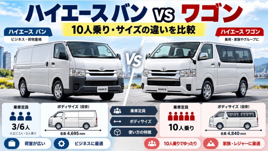 トヨタ・ハイエースのバンとワゴンを比較。乗車定員3人・6人のバンと10人乗りワゴンの外観、全長、荷室や用途の違いを図解した画像。