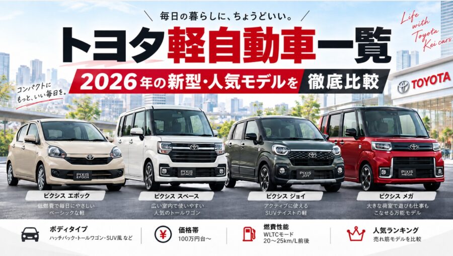 トヨタの軽自動車一覧2026年版。ピクシス エポック、ピクシス スペース、ピクシス ジョイ、ピクシス メガの4車種を並べ、新型・人気モデルの価格や燃費、特徴を比較するイメージ画像。