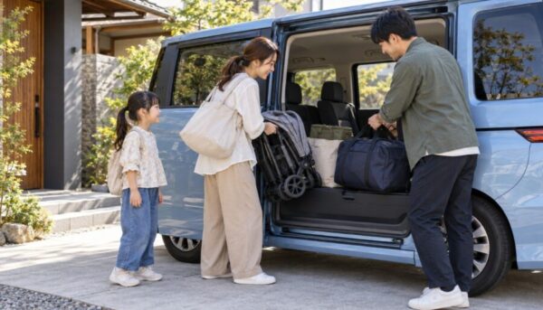 青いミニバンのスライドドアを開け、ベビーカーや旅行バッグを積み込む日本人家族。ミニバンの荷室と使い勝手のイメージ