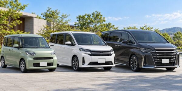 イズの異なる3台のミニバンを並べた比較イメージ。コンパクト・中型・大型の車体を紹介