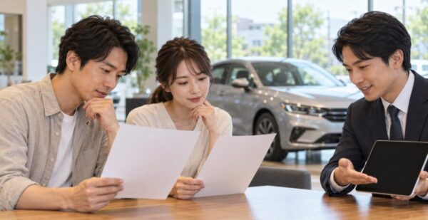自動車販売店で書類を確認しながらスタッフと相談する日本人夫婦。新車購入の見積もりと支払総額を比較するイメージ。