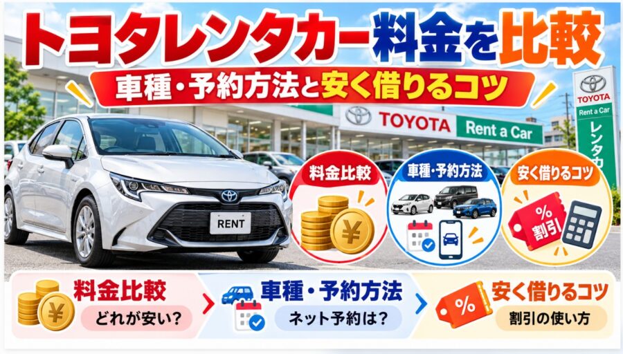トヨタレンタカーの料金比較・車種・予約方法・安く借りるコツを紹介する画像。店舗前のトヨタ車と料金、ネット予約、割引のアイコンを掲載。
