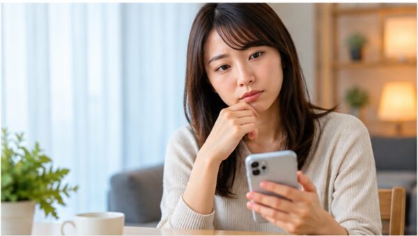 トヨタレンタカーの予約キャンセルを検討する女性のイメージ。自宅でスマートフォンを見ながら、取消手続きを考えている様子。