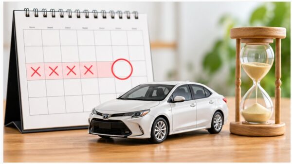 トヨタレンタカーのキャンセル期限をイメージした、赤い印付きのカレンダーと白い車の模型、砂時計の画像。