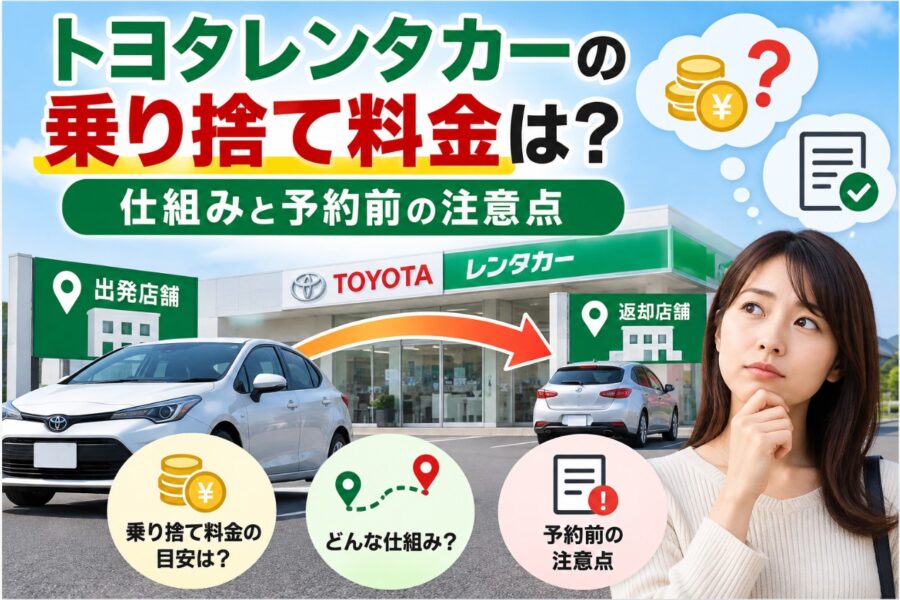 トヨタレンタカーの乗り捨て料金と仕組み、予約前の注意点を解説する画像。出発店舗から返却店舗への移動を矢印で示し、料金や予約時の確認事項を紹介。