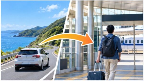 ノートパソコンでレンタカーの利用条件を調べる日本人女性。地図上の出発地と返却地、車のイメージや硬貨が表示された料金確認のイメージ。