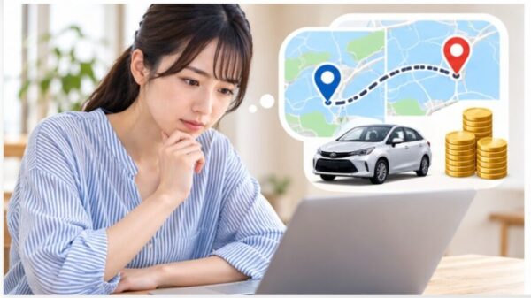 地図上の2つの目的地を結ぶ青いルートと白いレンタカーの模型。トヨタレンタカーの乗り捨てで出発地から返却地まで移動する経路のイメージ。