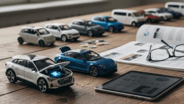 レンタカーの利用時間と車両クラスを比較するための時計、ミニカー、予約画面