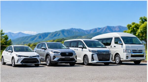 トヨタレンタカーの車種別キャンセル料を解説するイメージ。山を背景に乗用車、SUV、ミニバン、ワゴン車が並ぶ。