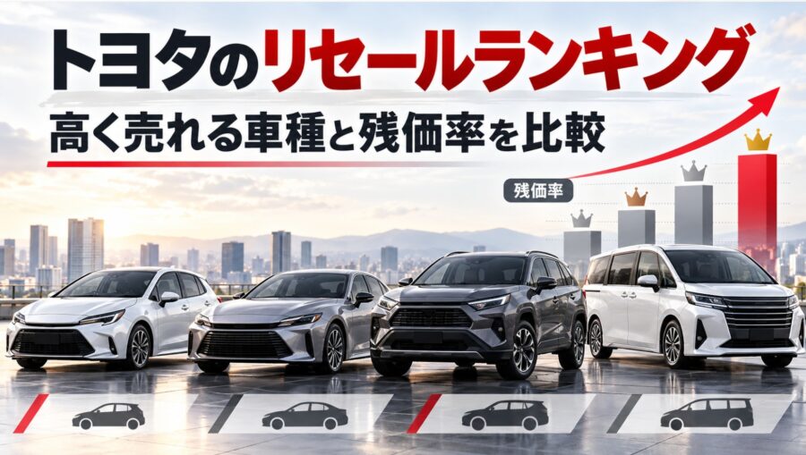 白いコンパクトカー、シルバーのセダン、グレーのSUV、白いミニバンの4台を配置。背景には残価率を表す棒グラフ、王冠、右肩上がりの赤い矢印が描かれ、トヨタ車のリセールランキングを視覚的に表現した画像です。