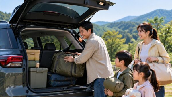家族で使うSUVの荷室と積載力のイメージ。日本人家族が白いSUVに旅行用スーツケースを積み込む様子