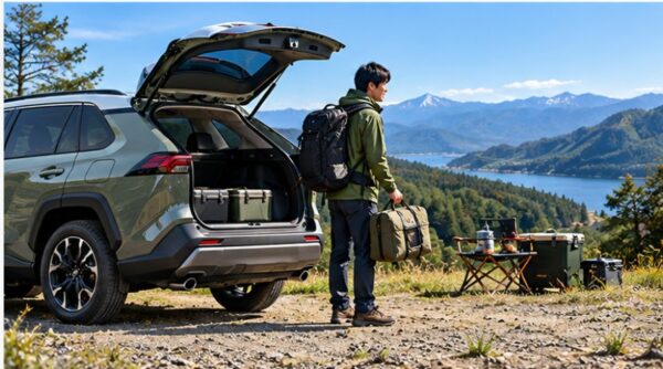 トヨタSUVのアウトドア利用イメージ。湖畔のキャンプ場でカーキ色のSUVにキャンプ用品を積み、日本人男性が立つ風景