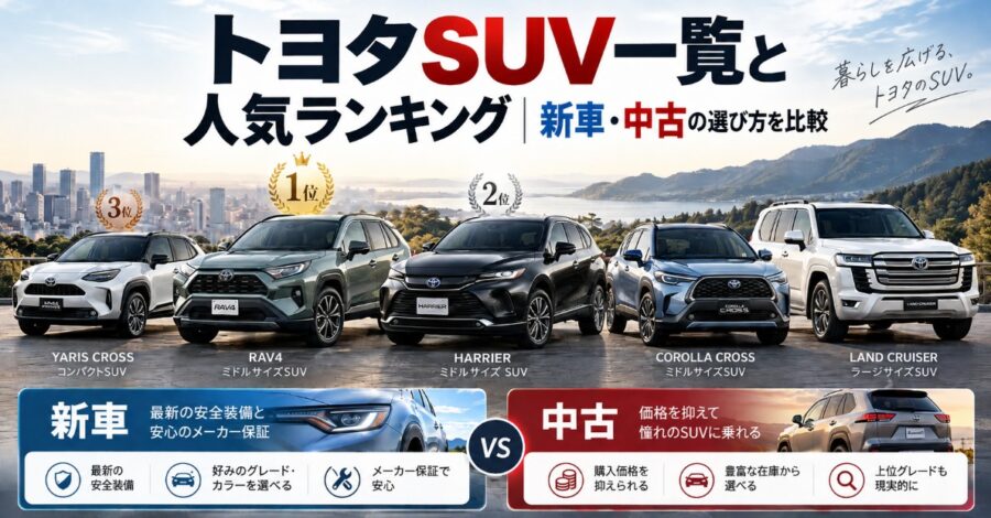トヨタSUV人気ランキングと車種一覧。RAV4、ハリアー、ヤリスクロスなど5車種と新車・中古車の選び方を比較