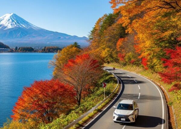 湖と山を背景にした道路を走るグレーのSUV。トヨタのRAV4やハリアーなど、用途やサイズに合わせたSUV選びをイメージ。