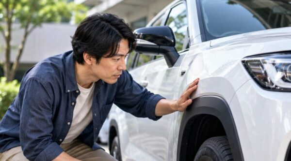 白いSUVの車体や傷の状態を確認する日本人男性。中古車の買取査定や売却前の現車確認を表現