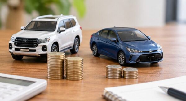 2台の車の模型と硬貨、電卓を並べ、車の残価率や購入費用、売却時の値落ち額を比較するイメージ